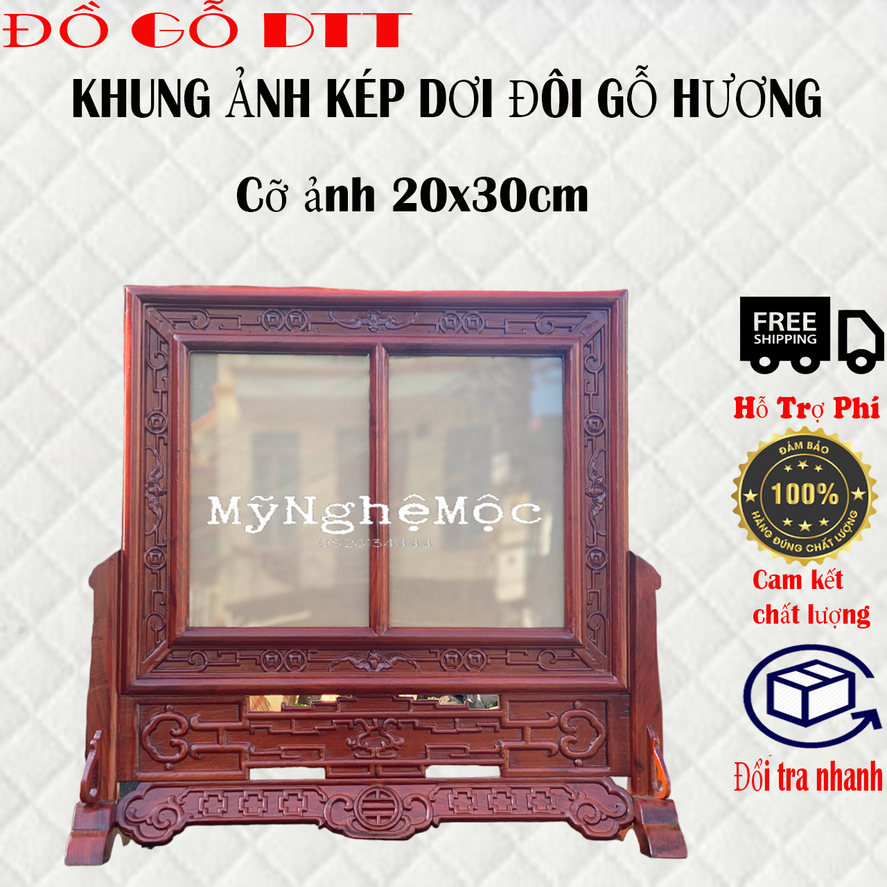 Khung ảnh kép dơi tiền gỗ hương thờ gia tiên-Khung hình thờ kép đôi- khung ảnh đôi gỗ hương