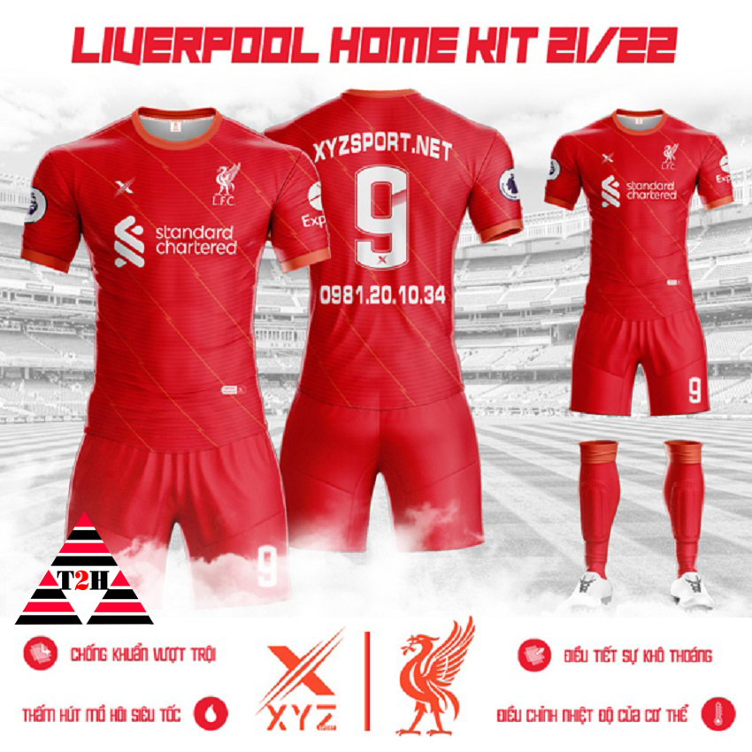 Quần áo đá bóng clb livepool sân nhà màu đỏ 2022, áo đá banh livepool màu đỏ 2022