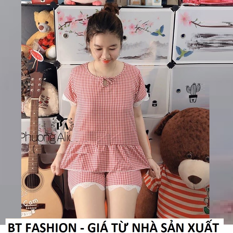 [HCM]Đồ Bộ Mặc Nhà Vải Katê Lụa Mền Mại Mát Thời Trang - BT Fashion (Kate Đùi- Caro Bèo Lai 06)