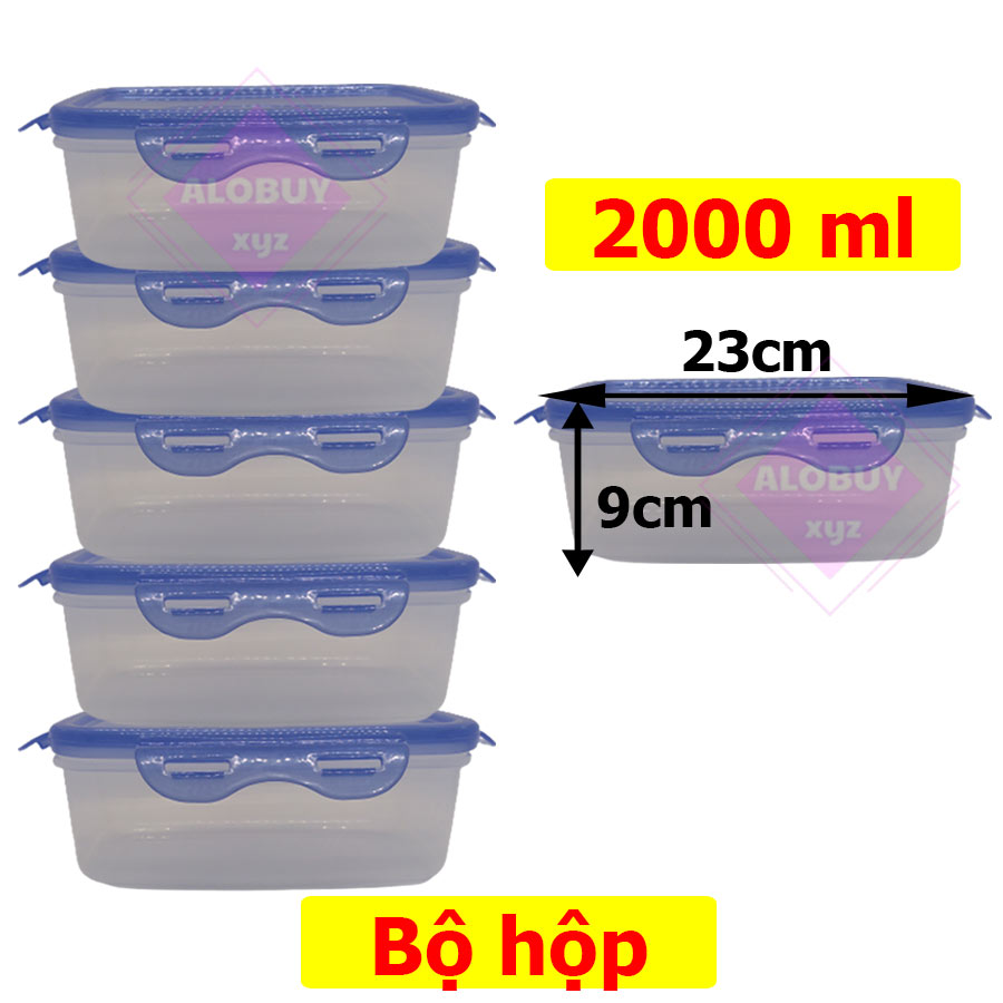 Combo 5 hộp nhựa đựng thực phẩm chữ nhật nắp khóa 4 cạnh, dung tích 2000 ml nhựa trong suốt, có nắp khóa gài chắc chắn - HTP-10