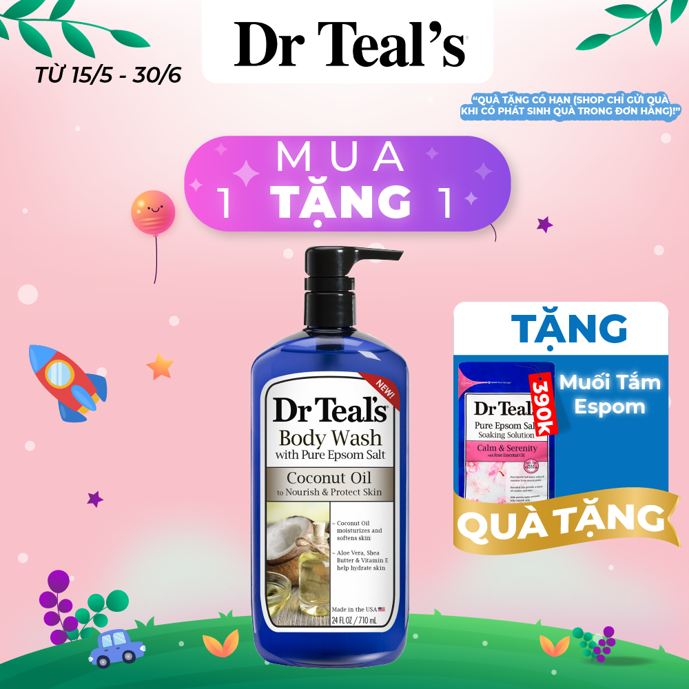 Sữa tắm Dr Teals xuất xứ Mỹ 710ml từ muối epsom tinh dầu dừa thải độc da