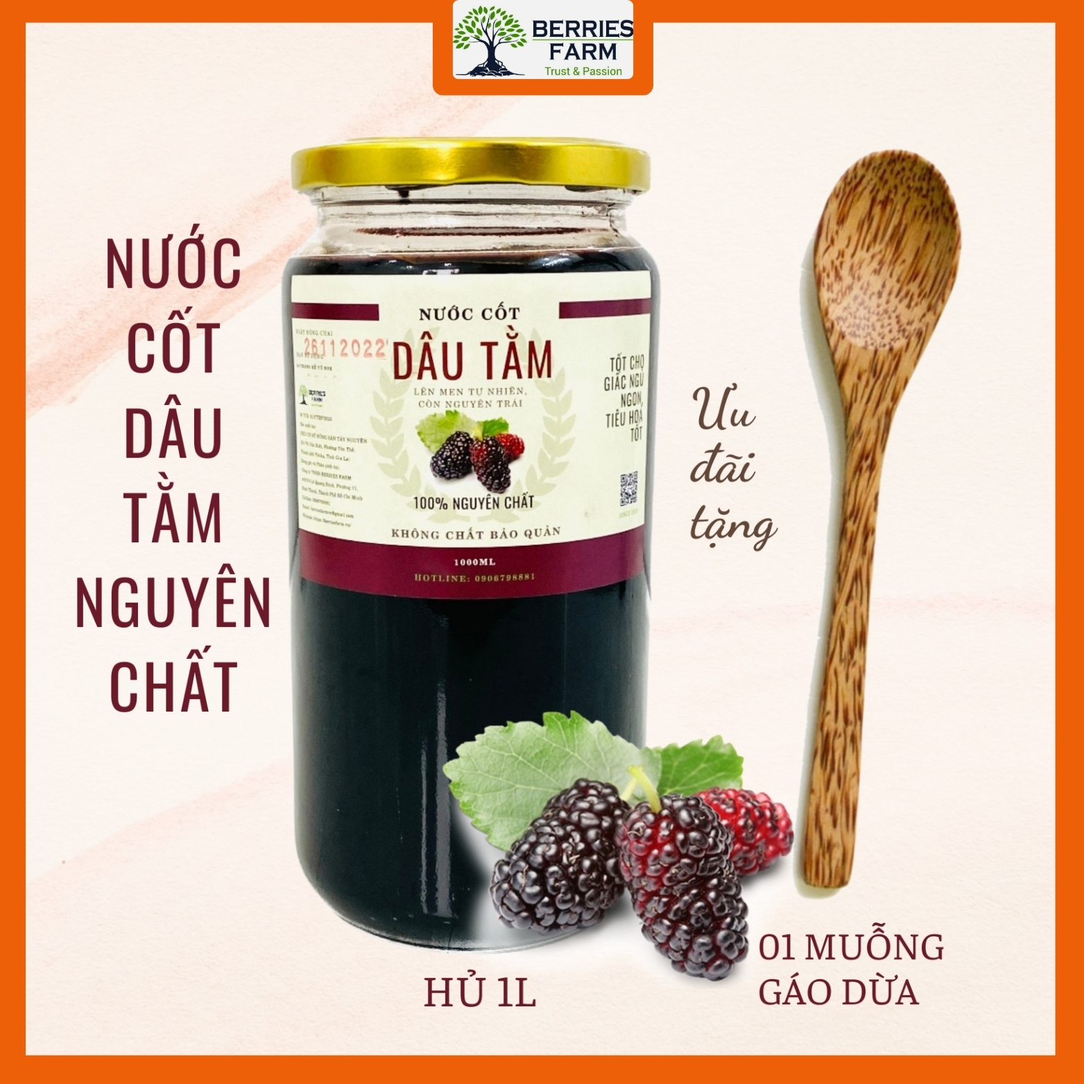 Dâu tằm ngâm đường vàng men vị ngon trái cây hũ thuỷ tinh 1L, siro dâu, nước cốt dâu tằm | Berries Farm