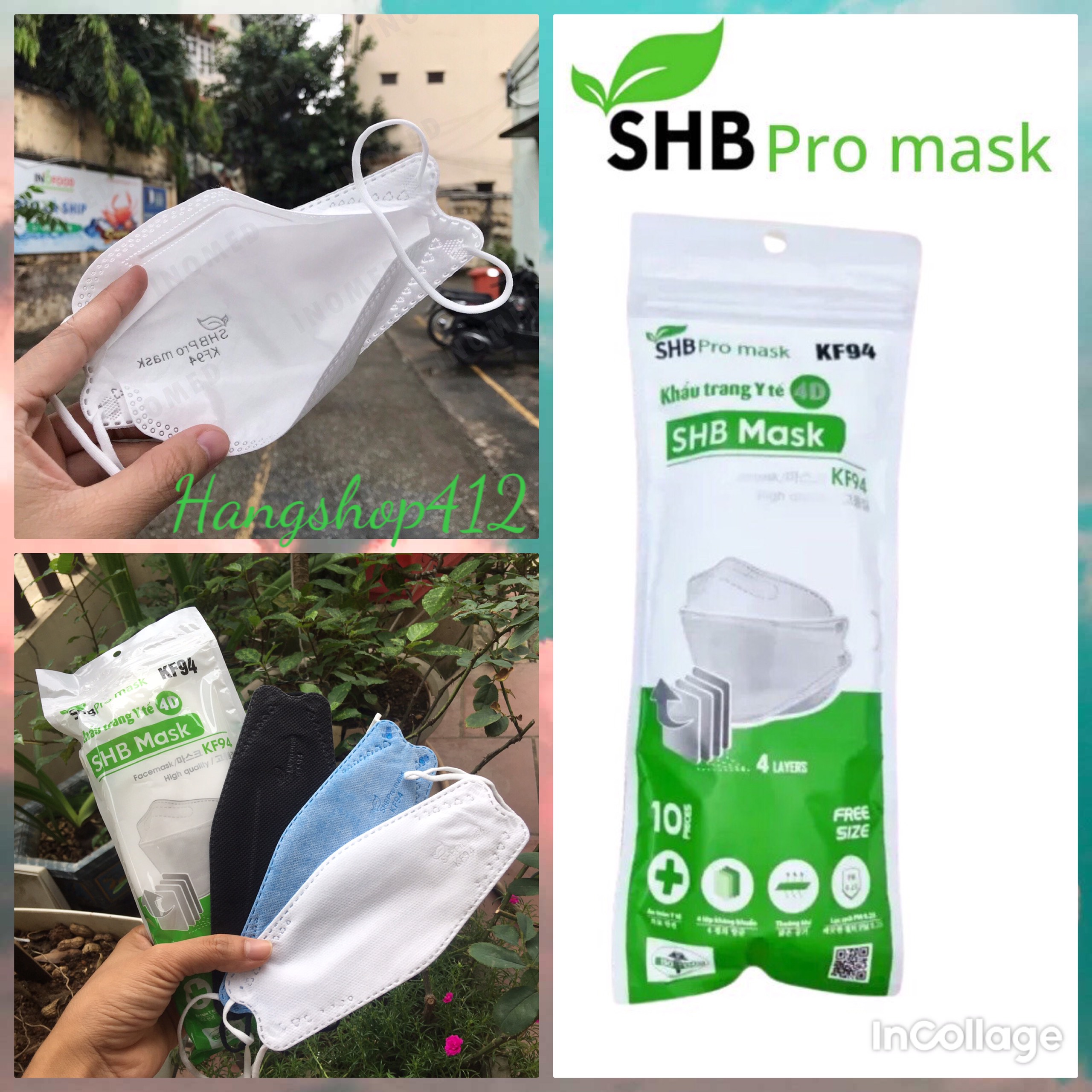 Túi 10 chiếc Khẩu trang kf94 SHB pro mask chính hãng ( Chọn Màu ), khẩu trang  y tế 4d mask 4 lớp kháng khuẩn bịch 10 cái