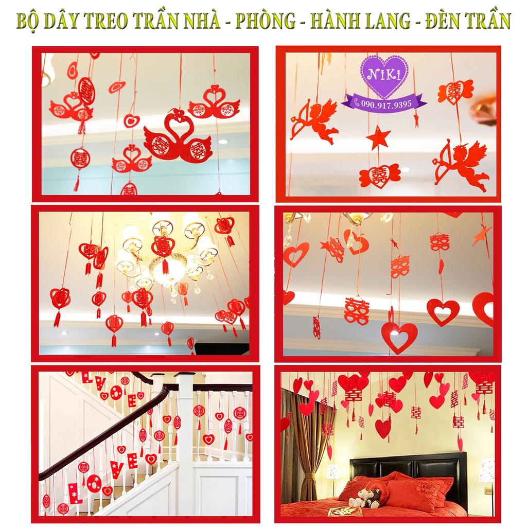 Set 60 dây treo thiên nga - trái tim - chữ hỷ - ngôi sao -thiên sứ dùng trang trí cưới