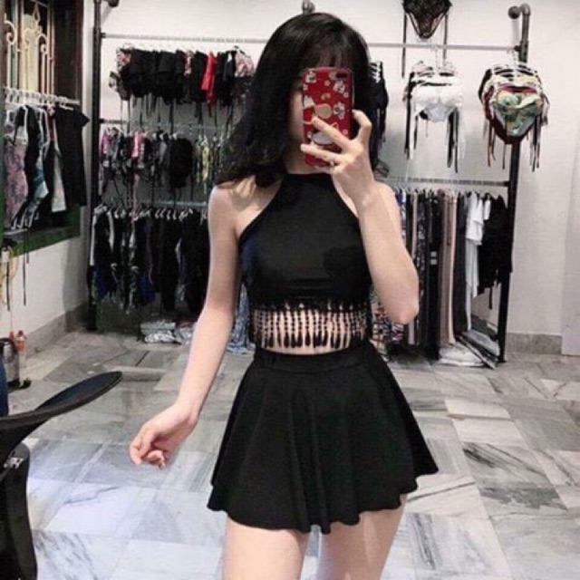 Bikini yếm quần cạp cao váy xoè