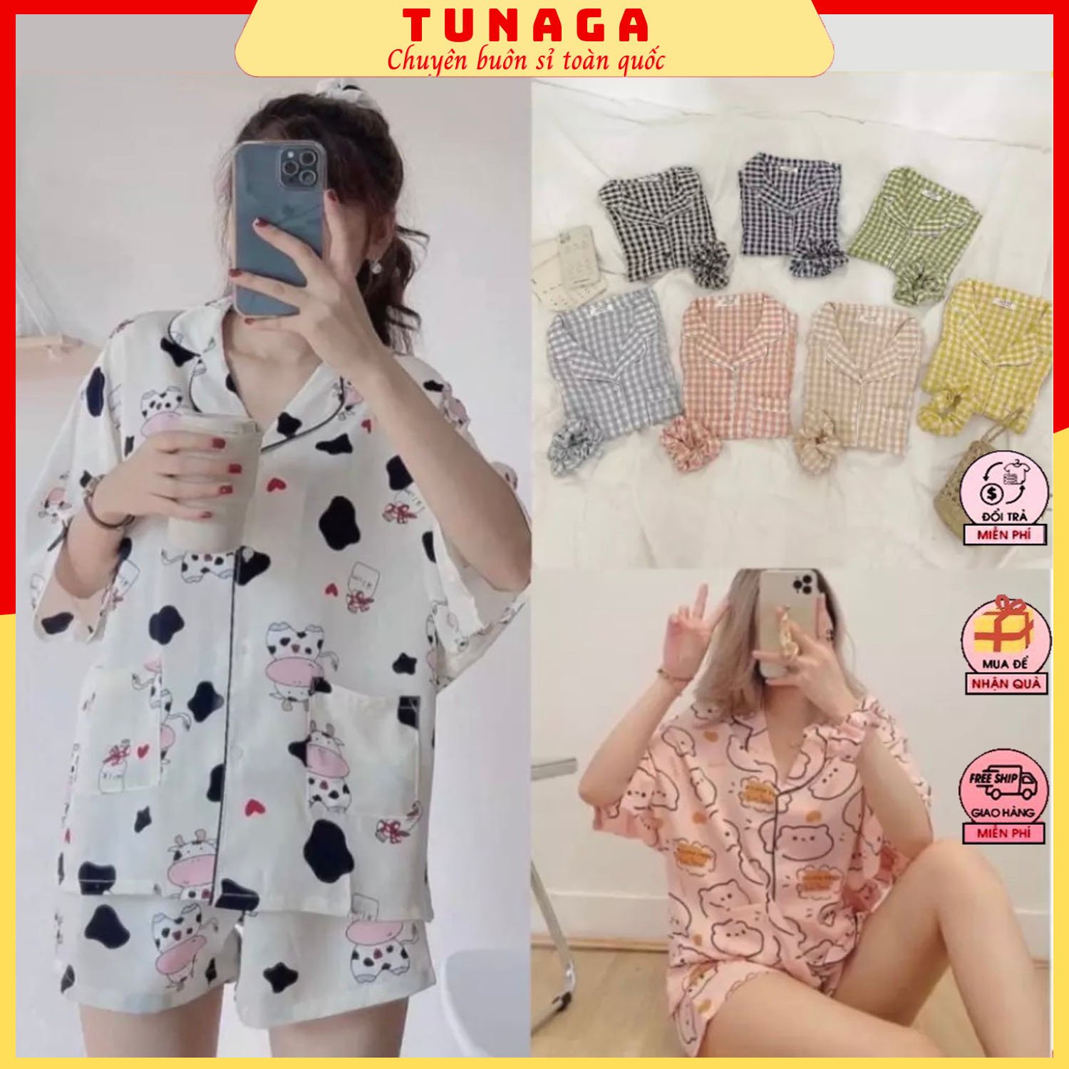 Bộ đồ ngủ nữ-bộ pyjama nữ chất lụa kèm dây buộc tóc mặc nhà siêu thoải mái