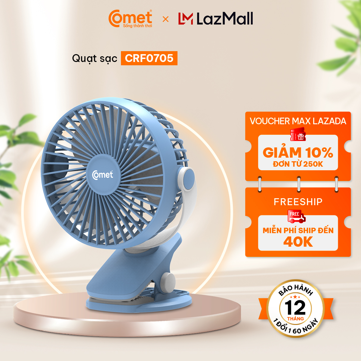 Quạt Sạc Kẹp Bàn Comet CRF0705 Giá nâng quạt và thân quạt đều có khả năng xoay 360 độ, pin lên đến 1800mAh, 3 cấp độ gió - Hàng Chính Hãng