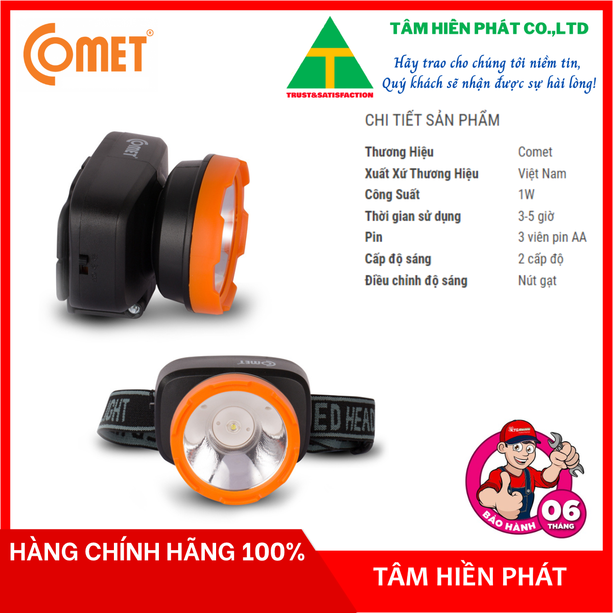 Đèn pin led đội đầu comet crt1615 1w dùng pin aa - hàng chính hãng