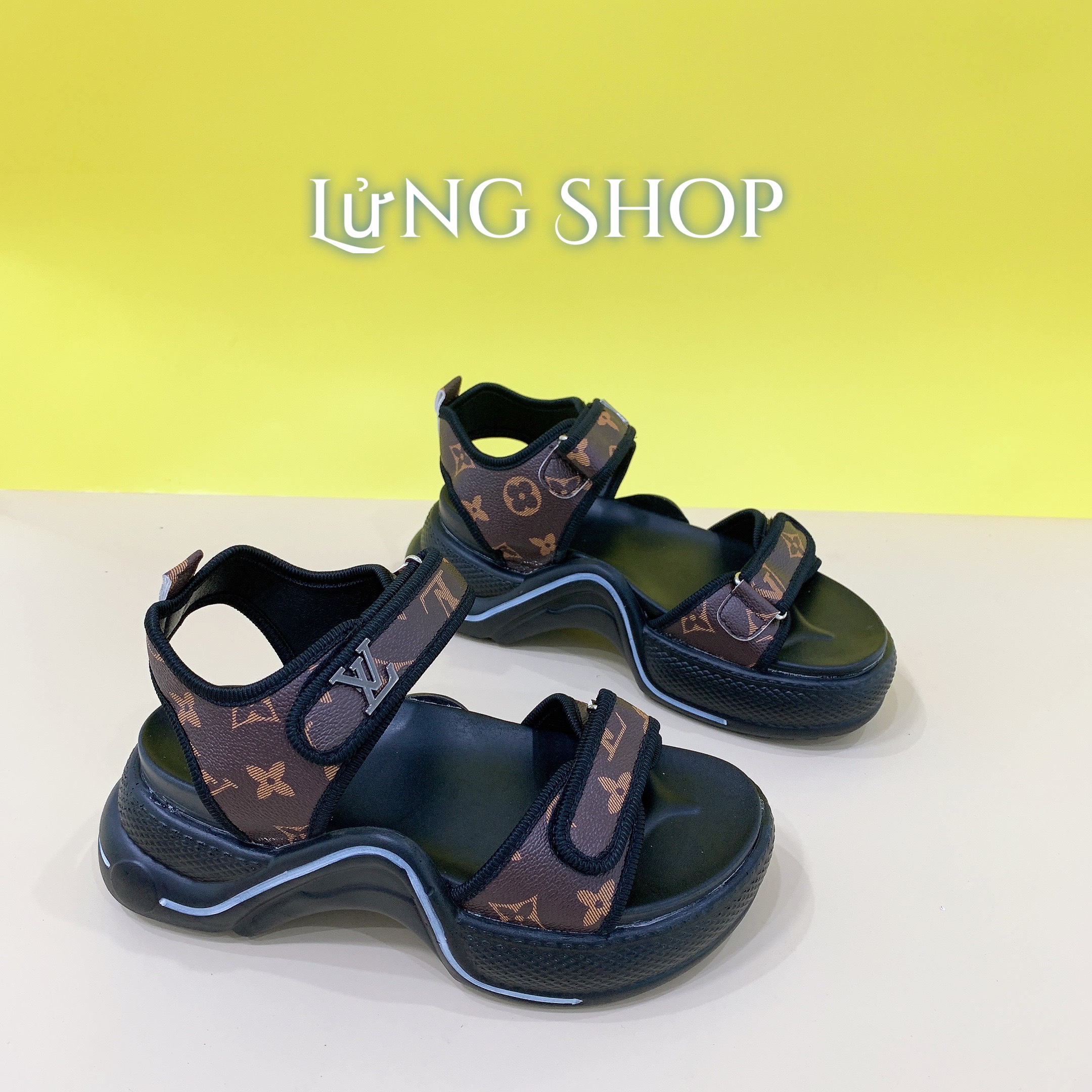 Giày sandal nữ l/v đế sóng cao 5cm pu siêu nhẹ lửng shop