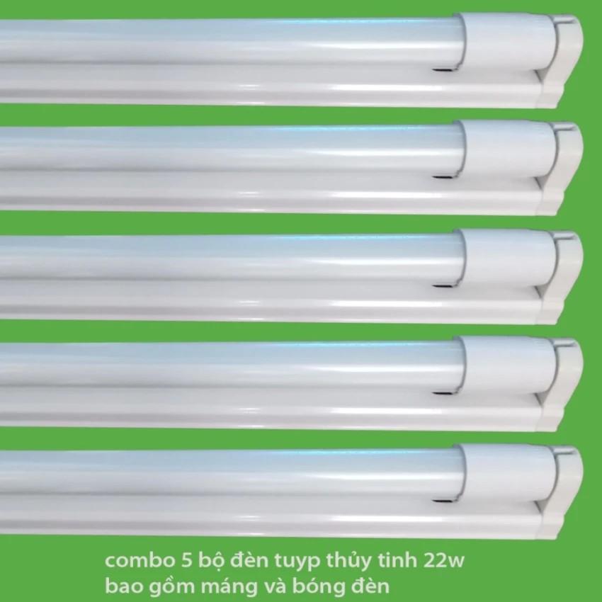 Combo 5 bộ bóng đèn led Tuýp T8 thủy tinh 22W 1,2m sáng trắng ( có máng )