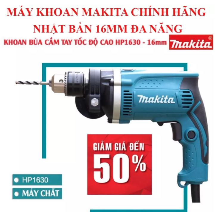 CHÍNH HÃNG MAKITA - MÁY KHOAN TƯỜNG CÔNG SUẤT LỚN - Máy Khoan Búa Makita HP1630 Công suất 1200W lõi dây đồng 100% mạnh mẽ bền bỉ dùng để khoan tường khoan kim loại khoan gỗ  sắt thép vv....