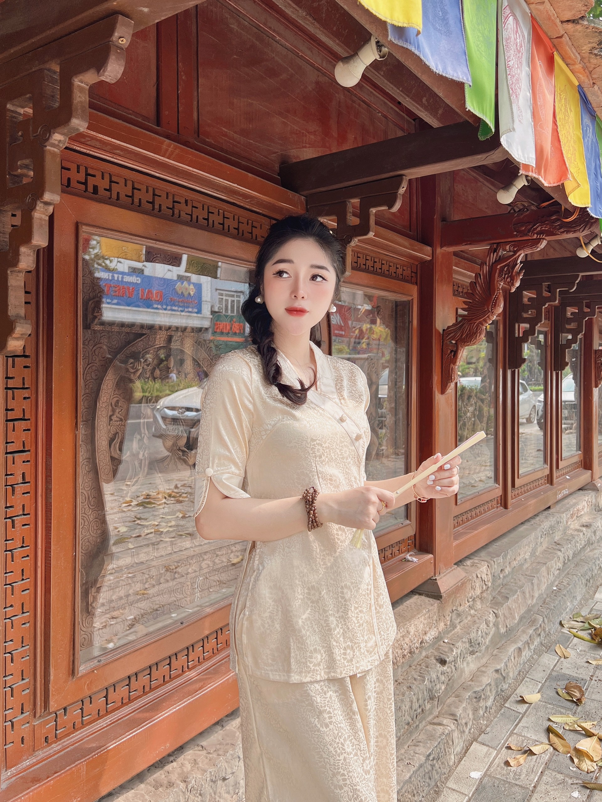 Set lam/Pháp phục trang nhã gấm cúc bọc khuy chéo Diệu Hạnh cao cấp