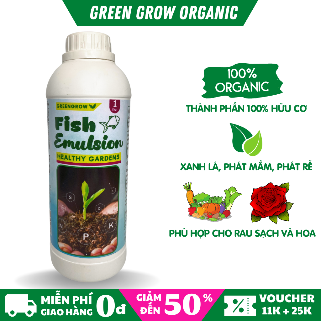 Phân đạm cá 1 Lít Humic Fish Emulsion Green Grow Organic phân bón hữu cơ vi sinh cho hoa Hồng rau sạch kích rễ mạnh to cành, được ủ từ cá tươi, trichoderma, mật rỉ đường, emuvid MS103
