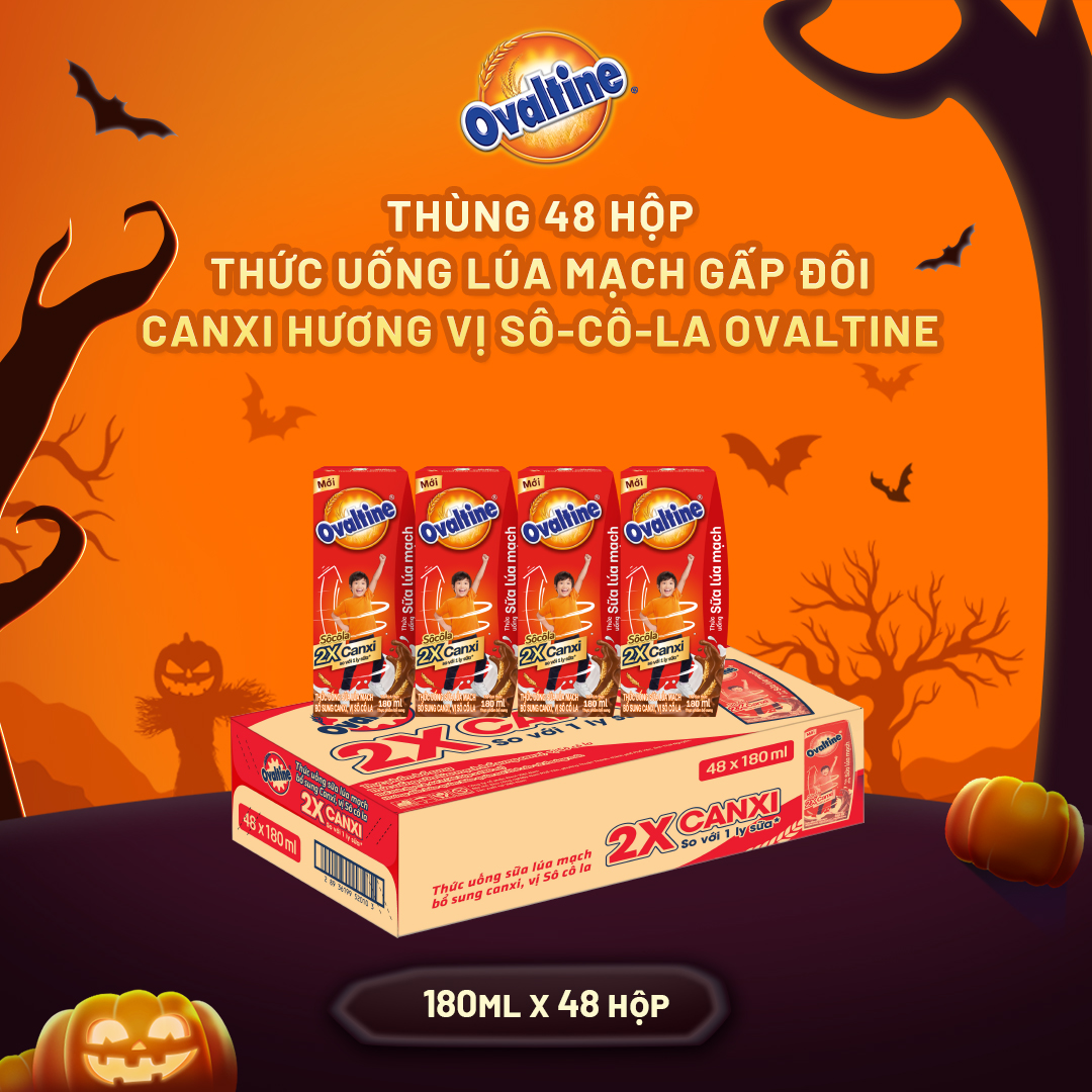 Thùng 48 hộp Thức uống lúa mạch gấp đôi Canxi hương vị sô-cô-la Ovaltine (180ml x 48)