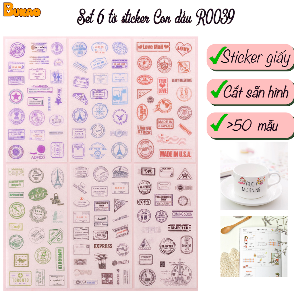 Set 6 tờ sticker trang trí chủ đề con dấu r0039
