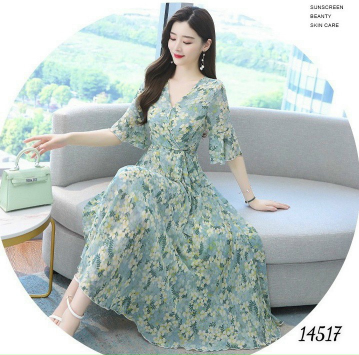 Đầm váy nữ voan hoa tay lửng cổ V dự tiệc đám cưới xanh ngọc cao cấp