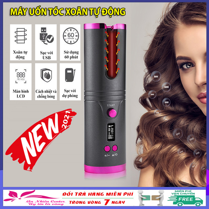 Máy uốn tóc xoăn tự động không dây sạc pin 6 mức độ điều chỉnh nhiệt, máy uốn tóc tự xoay làm nóng bằng gốm cao cấp, pin 2500 mAh, màn hình LED hiển thị nhiệt độ