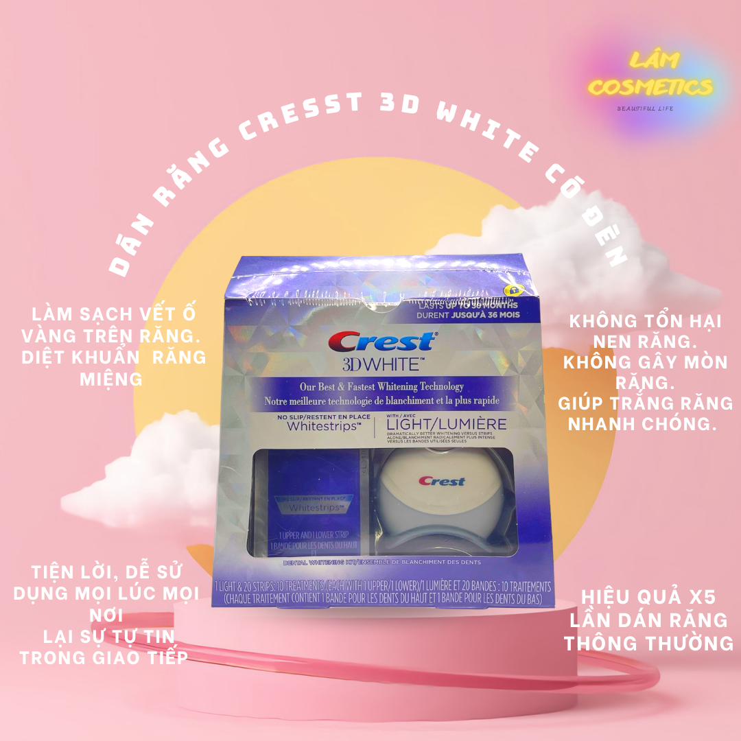 Miếng dán kèm máy chiếu làm trắng răng Crest 3D White 20 Whitestrips & 1 Light