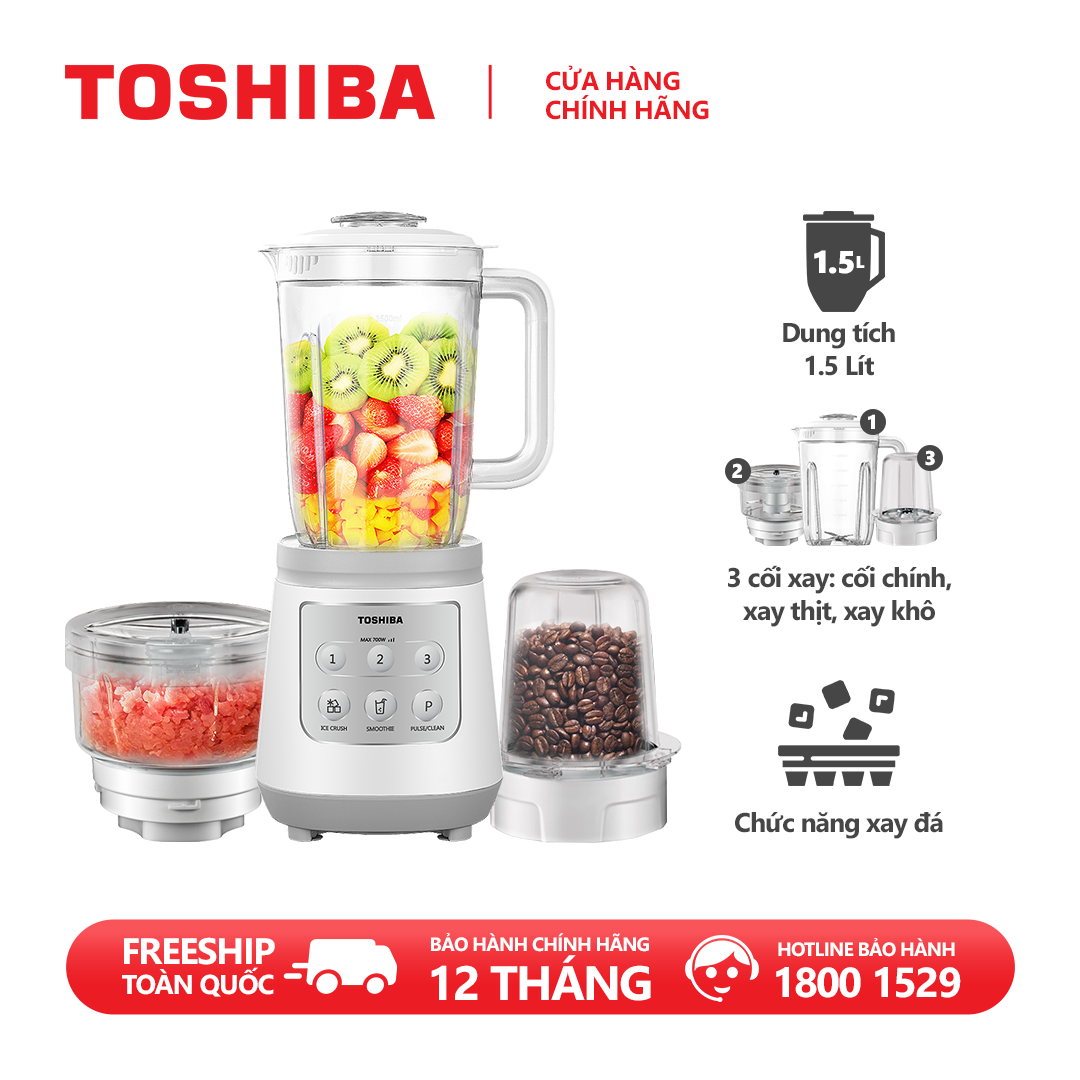 Máy xay sinh tố Toshiba BL-70PR2NV - Dung tích 1.5L - 3 cối (gồm cối xay thịt) - Chức năng xay đá - Công suất 700W - Hàng chính hãng - Bảo hành 12 tháng, chất lượng Nhật Bản