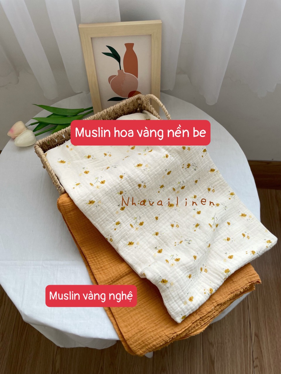 Vải họa tiết muslin hoa vàng nền be - muslin vàng nghệ Nhà Vải Linen