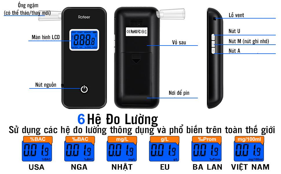 Máy thổi đo nồng mức độ cồn alcohol rofeer cầm tay tặng kèm 3 pin energizer - hãng phân phối chính thức