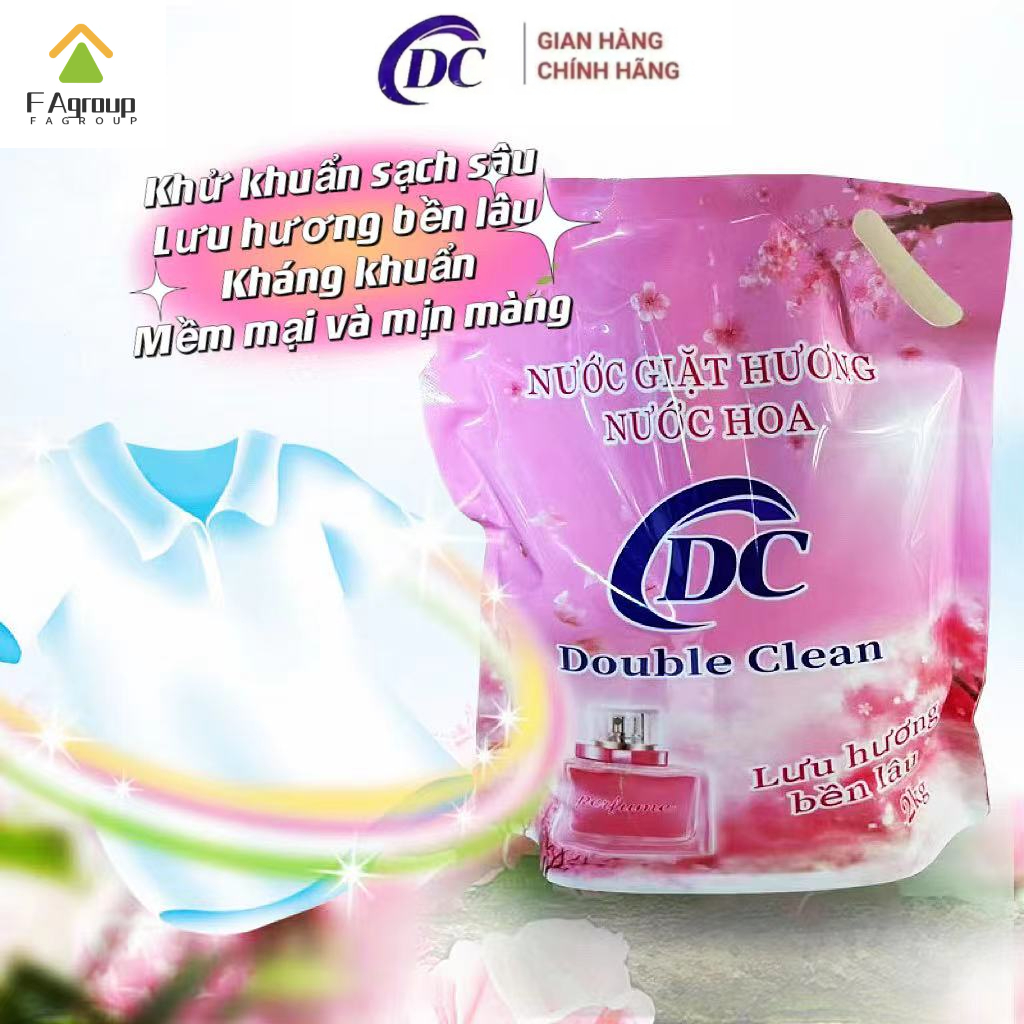 💗Miễn phí vận chuyển💗 Nước Giặt Túi Double Clean 2kg Lưu Hương Đậm Sâu, Làm Mềm Vải Giữ Màu Quần Áo và Không Gây Kích Ứng Da
