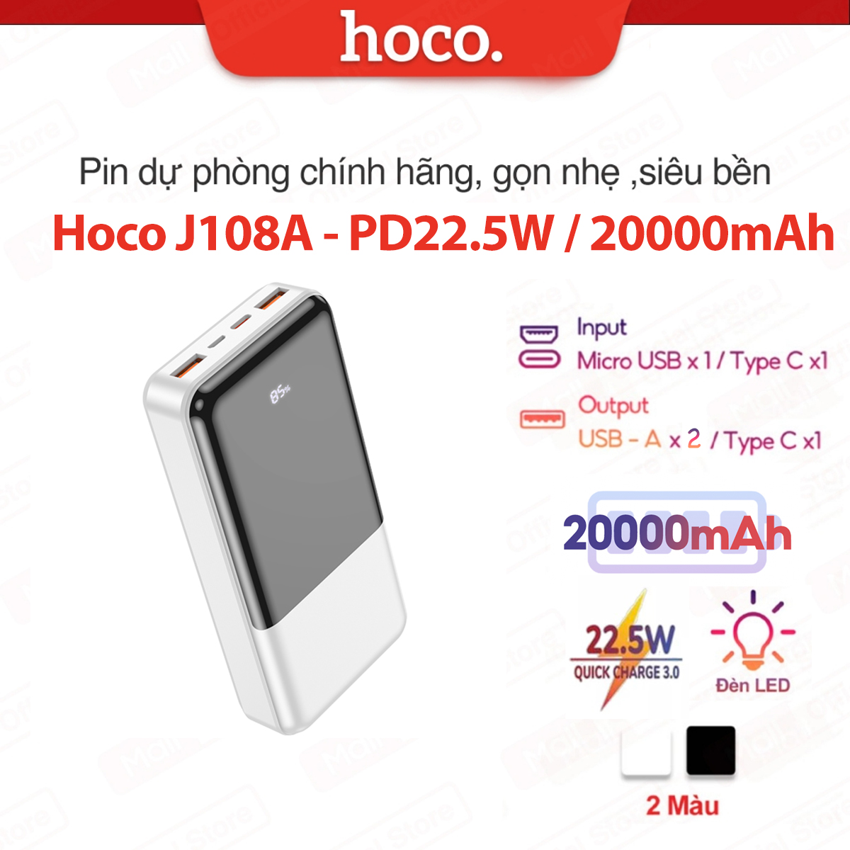 Pin Dự Phòng 10000mAh Hoco J108 - Sạc Nhanh PD22.5W Dung Lượng Lớn Nhỏ Gọn Tiện Lợi màn hình LED hiển thị