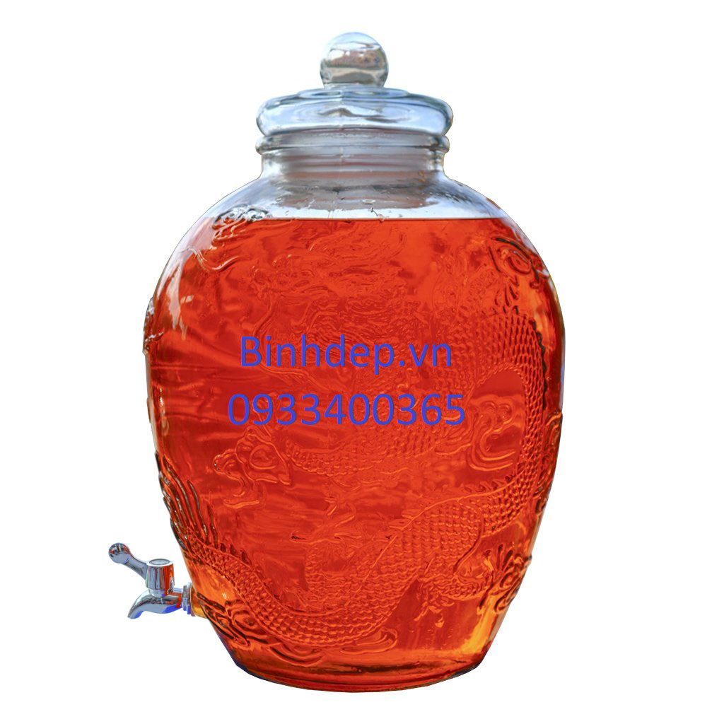 Bình thuỷ tinh ngâm rượu 10 lít có vòi hoạ tiết long phụng