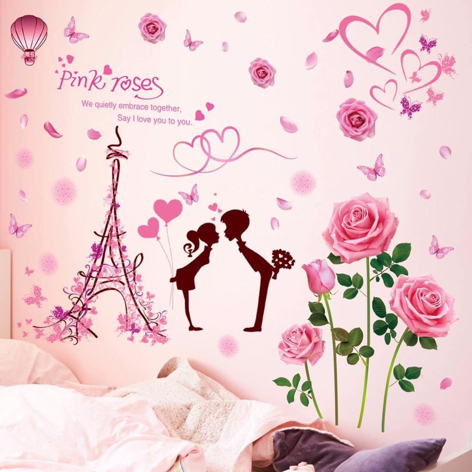 DECAL DÁN TƯỜNG HOA HỒNG PHẤN VÀ CẶP ĐÔI