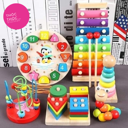 Đồ chơi trí tuệ cho bé, combo 6 món - đàn gỗ, tháp gỗ, luồn hạt, sâu gỗ, đồng hồ gỗ, thả hình 4 trụ