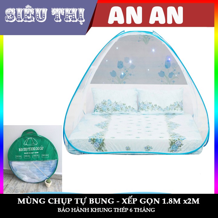 Mùng chụp mùng tự bung Rosie màn chụp vải dày trắng bông xanh 1.6m x 2m và 1.8 m x 2m bảo hành 12 tháng