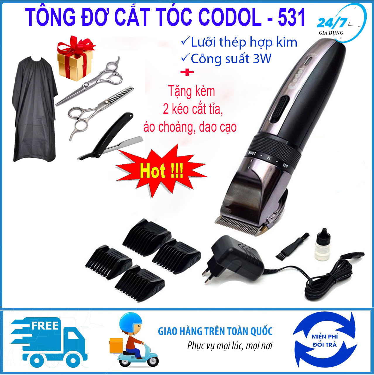 [Tặng kèm 2 kéo, dao cạo, áo choàng] Tông đơ cắt tóc gia đình Codol 531, Tăng đơ hớt tóc cho cả người lớn, trẻ em, Tăng đơ cắt tóc không dây, sạc pin, tăng đơ cắt tóc Hàn Quốc.- Giadungbv247