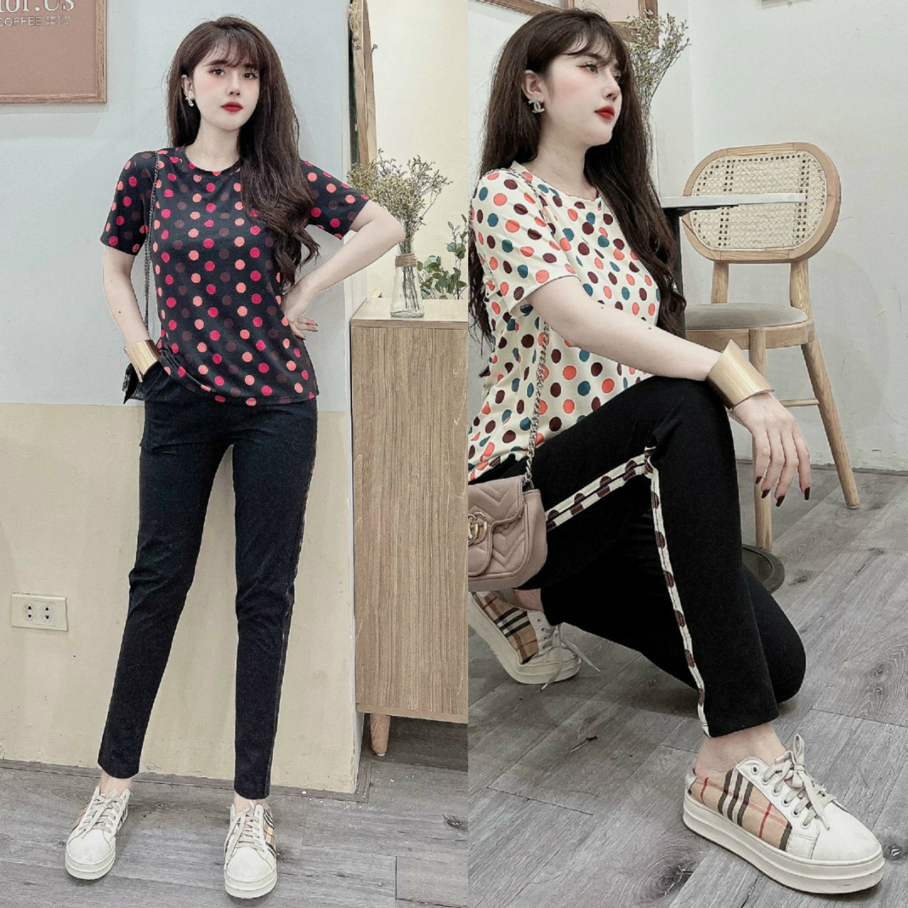 Đồ bộ dài thun cotton dáng thể thao chấm bi màu