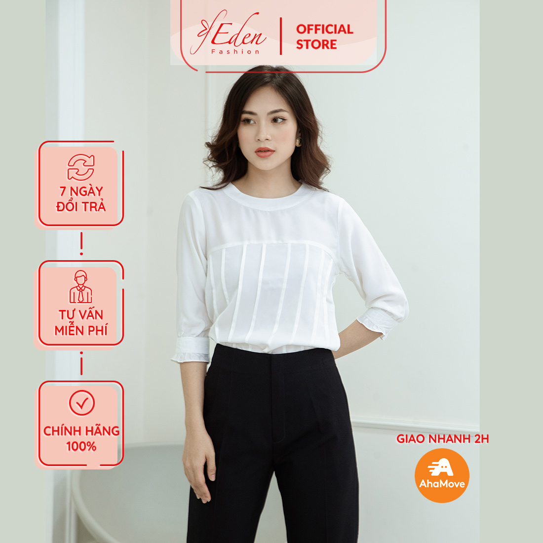 Áo sơ mi kiểu công sở nữ thời trang Eden cổ tròn tay lỡ thoải mái lịch sự - ASM162
