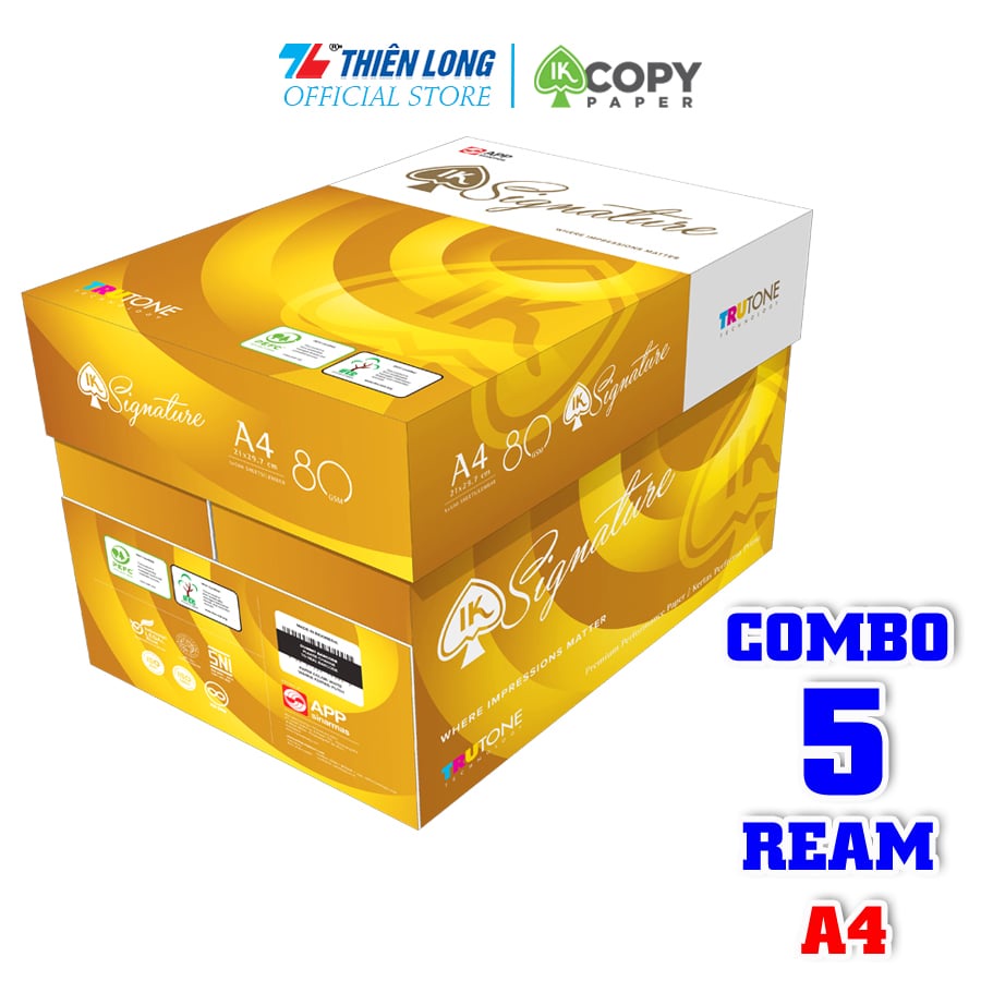 Combo 5 ream Giấy in A4, giấy photo cao cấp IK Signature 80gsm độ sáng cao, ưu việt cho in 2 mặt 500 tờ/Ream