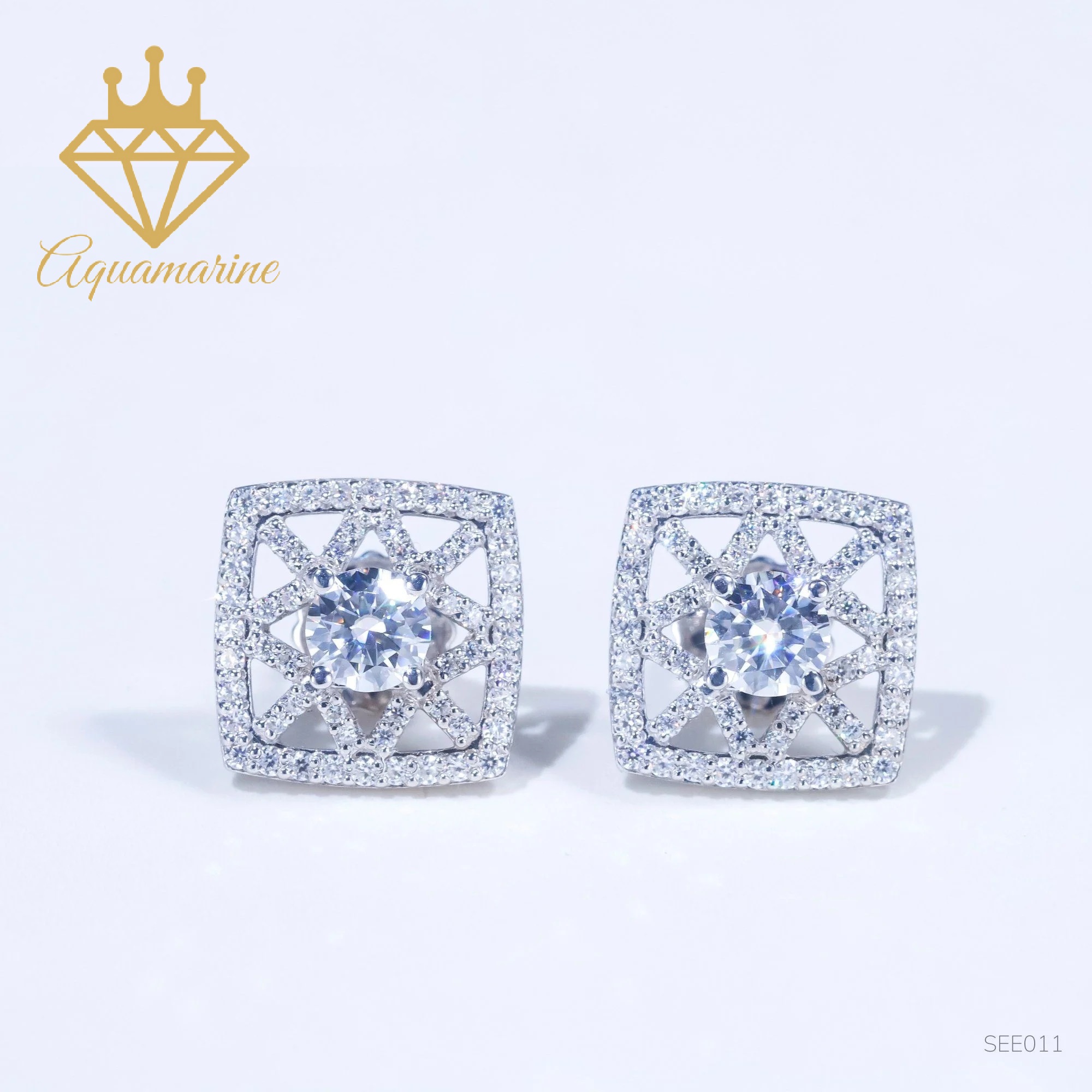 Bông tai Halo vuông kim cương nhân tạo Moissanite 5.0 ly kiểm định GRA bạc xi bạch kim SEE011
