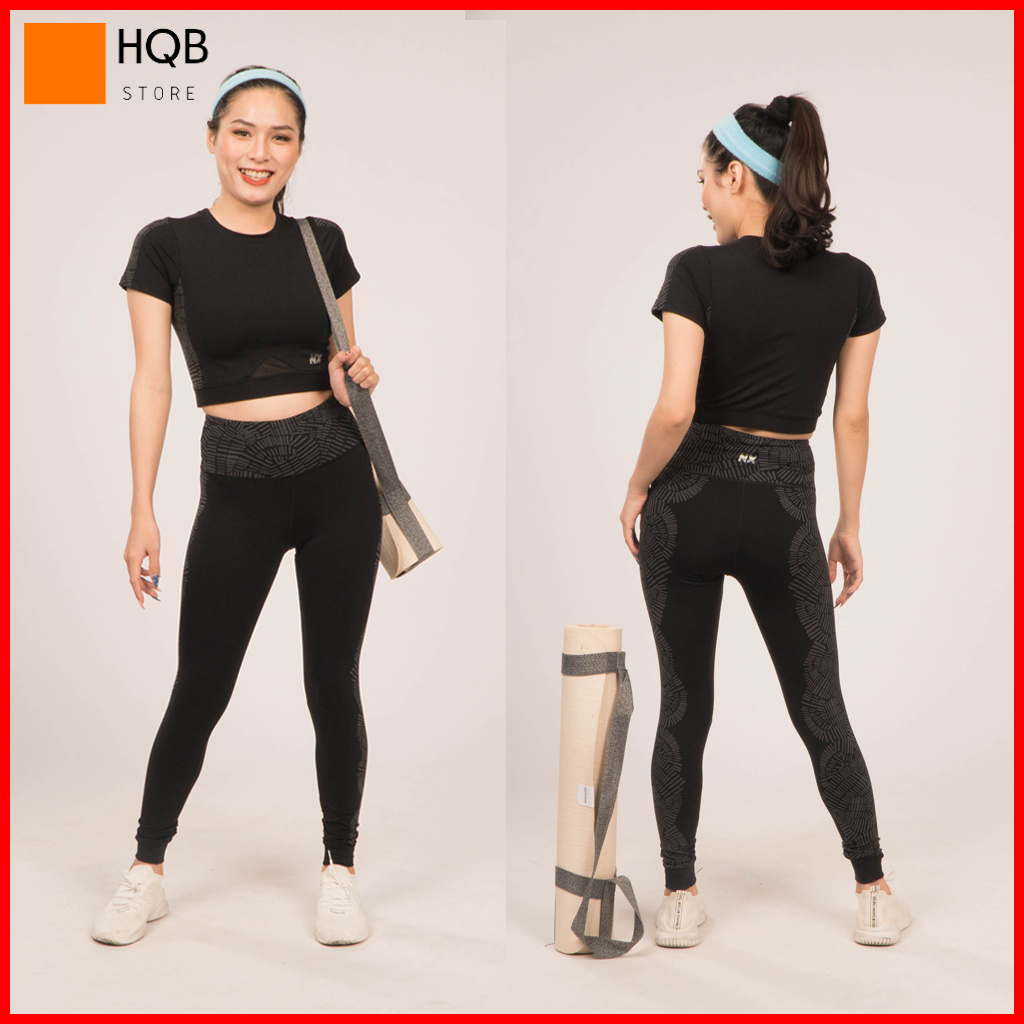 Bộ quấn áo tập gym yoga nữ màu đen áo crop ngắn tay + Quần nữ lưng cao co giãn 4 chiều cao cấp