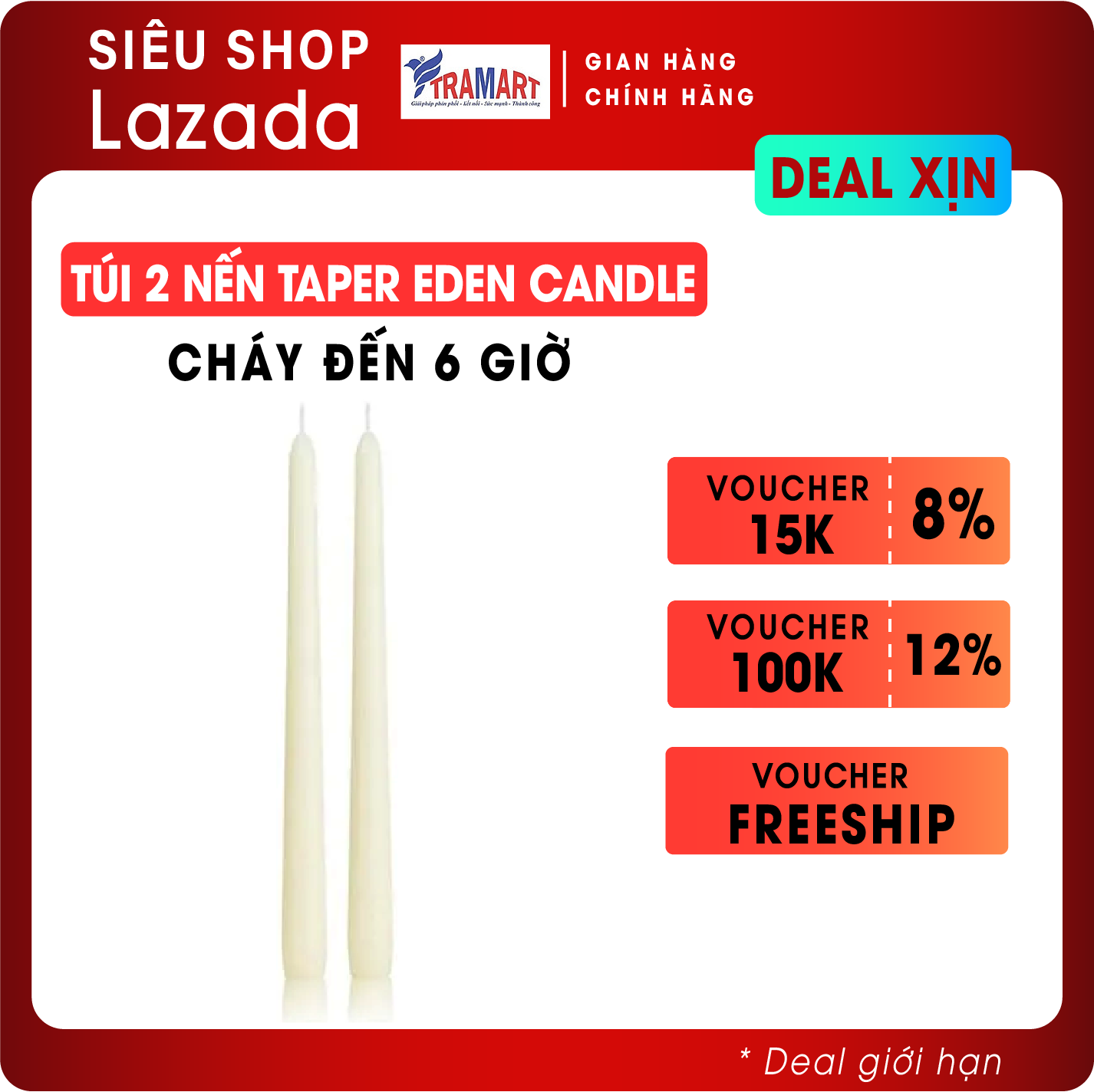 Nến thơm, Túi 2 nến taper Eden Candle FTRAMART EDC2300 cao 25cm (Kem), phù hợp tất cả các chân nến theo tiêu chuẩn nến taper