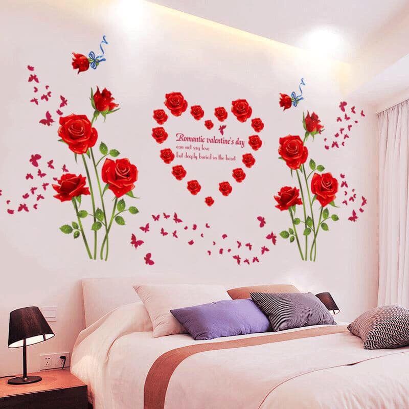 Decal dán tường hoa hồng đỏ sẵn keo dán