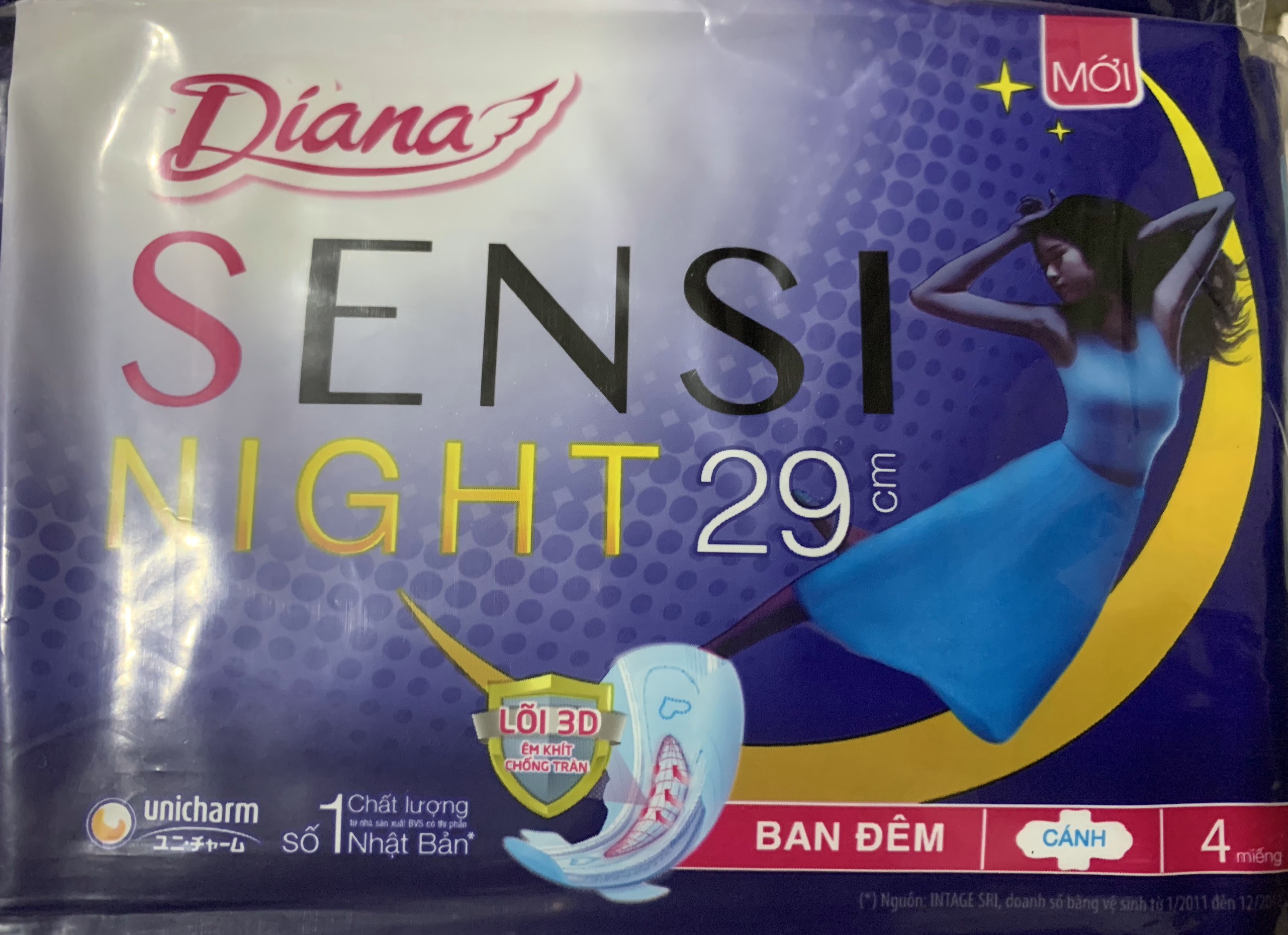 [mẫu mới] Băng vệ sinh Diana Sensi ban đêm 29cm gói 4 Miếng (Có cánh)