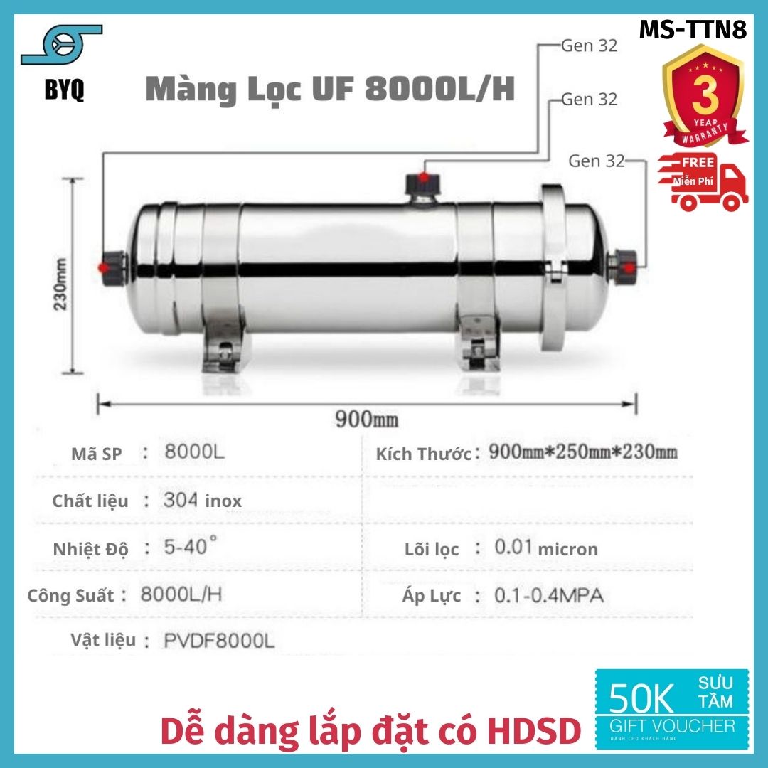 [Trả góp 0%]Màng Lọc Nước Sinh Hoạt  Lọc nước tổng gia đình công nghiệp công suất lớn 8000L/h BYQ-TTN8 Lõi lọc Vĩnh viễn  xả cặn định kỳ hàng tháng không dùng điện  vỏ inox 304 Bảo hành 3 năm thân vỏ