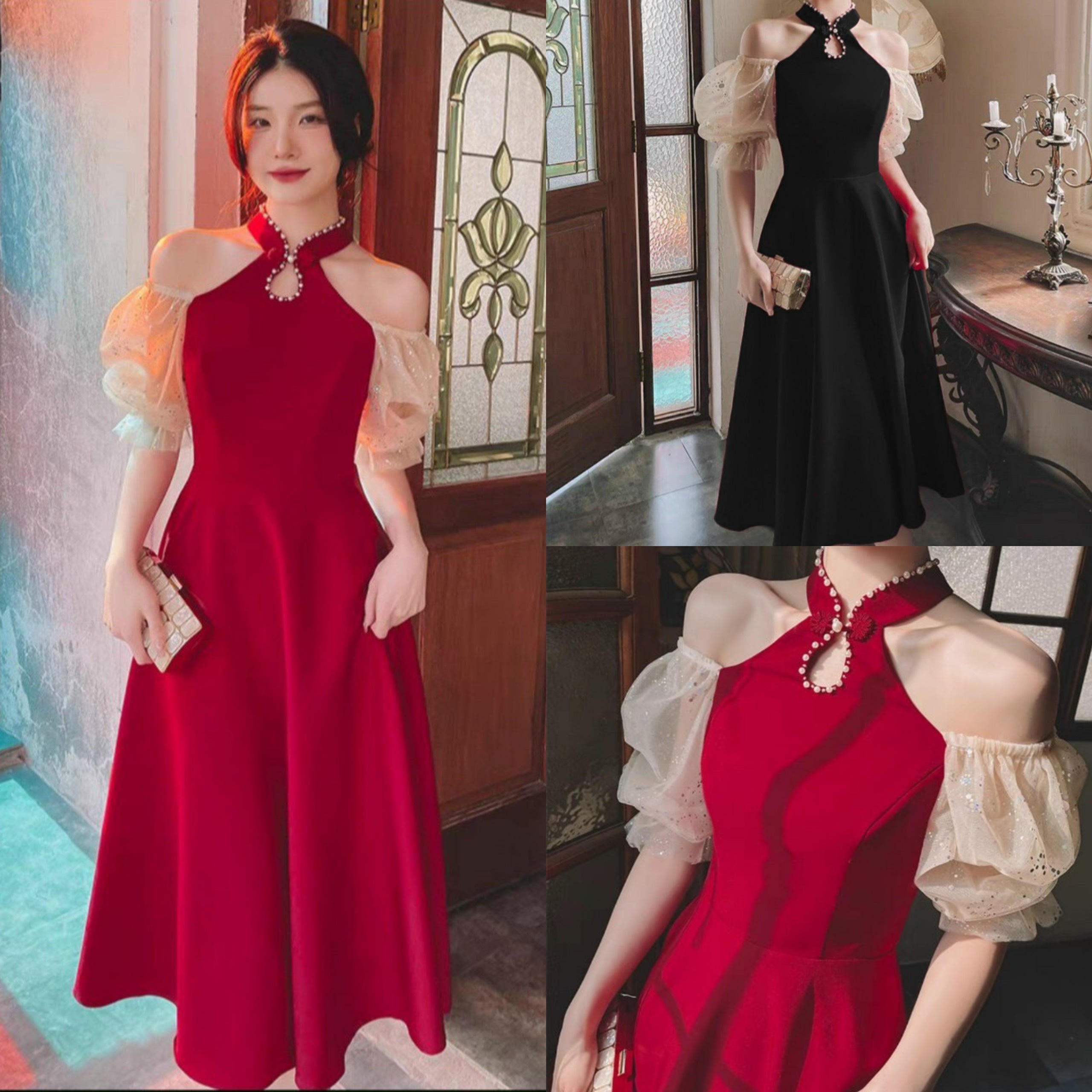 Đầm cổ tàu tay phối lưới kim sa đính cườm tiểu thư dành cho các tình yêu