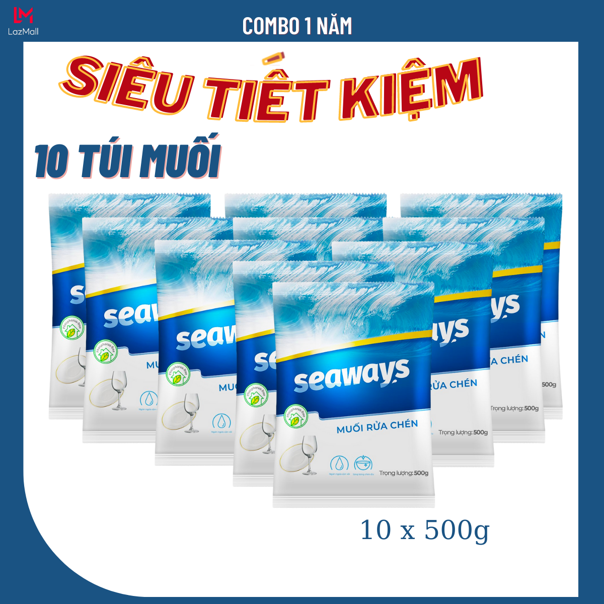 Combo 10 túi muối rửa chén bát Seaways dành cho mọi máy rửa chén