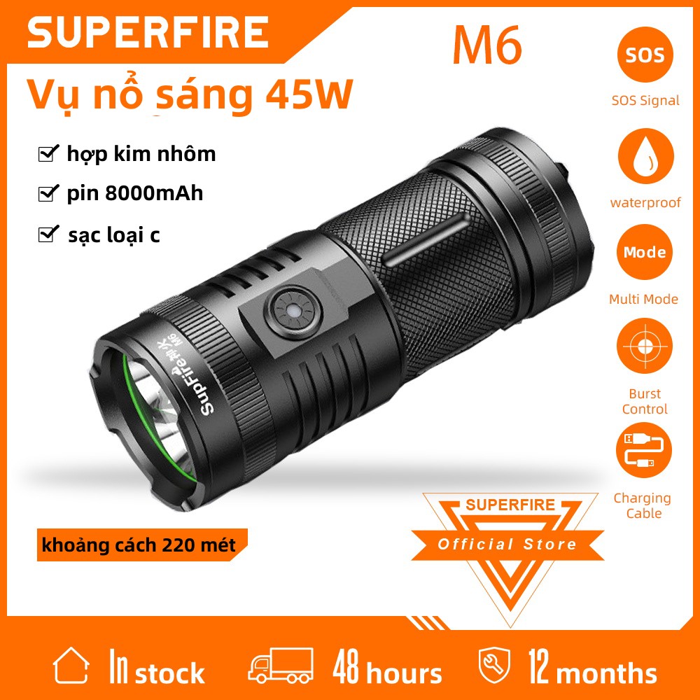 Superfire đèn pin m6 đèn pin ánh sáng mạnh đèn pin chiếu sáng ngoài trời công suất lớn tầm xa siêu sáng có thể sạc lại