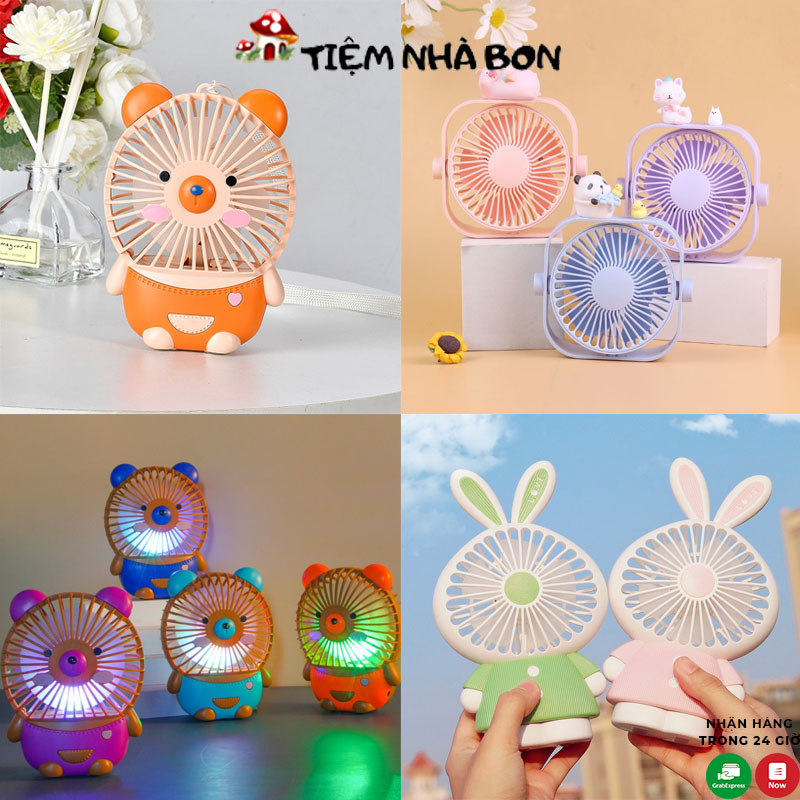 Quạt cầm tay mini sạc tích điện hình gấu dễ thương có dây đeo tiện lợi, Quạt mini cầm tay để bàn văn phòng có dây cắm sạc
