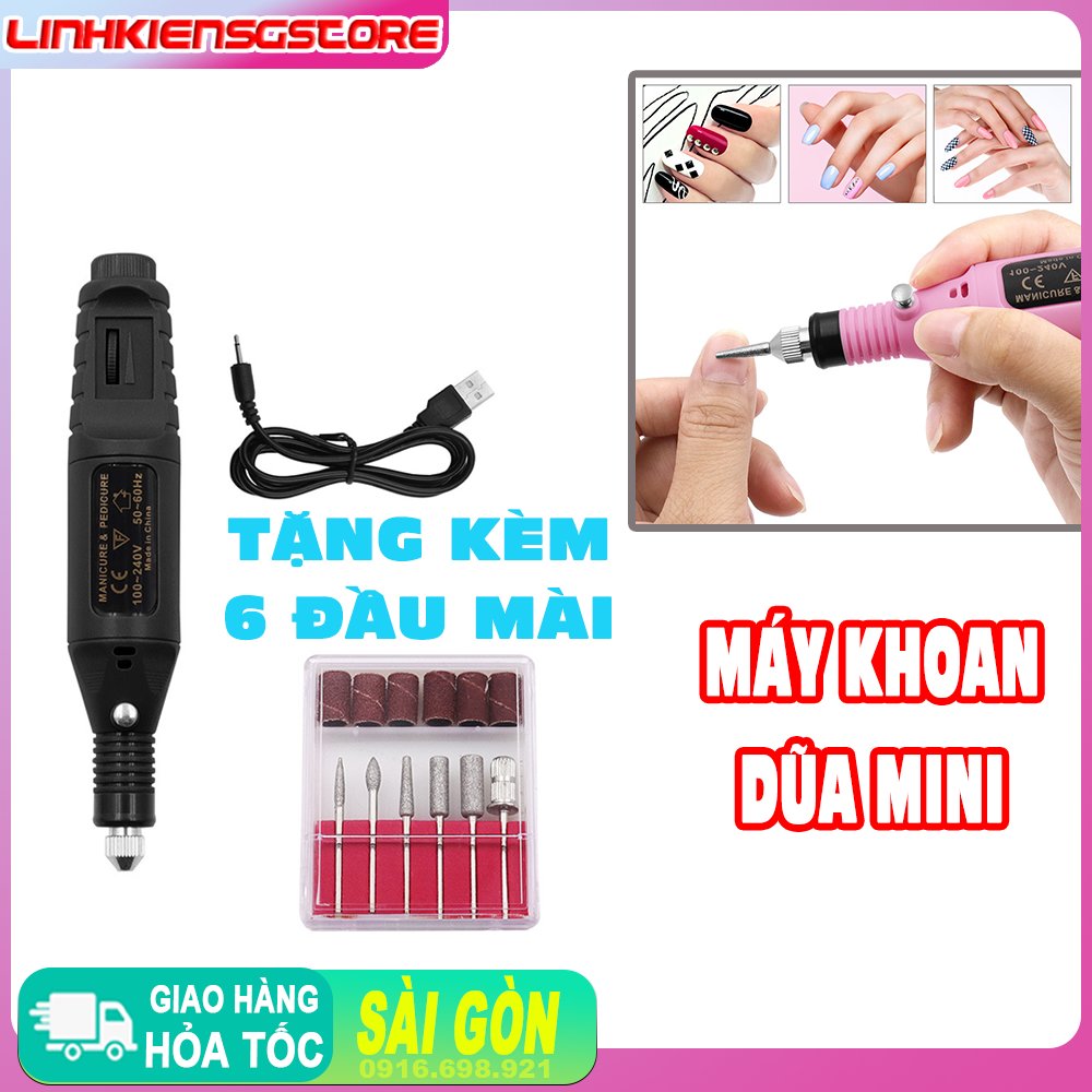 Máy khoan mài dũa nail mini cầm tay kèm 6 đầu mài nhỏ gọn tiện lợi
