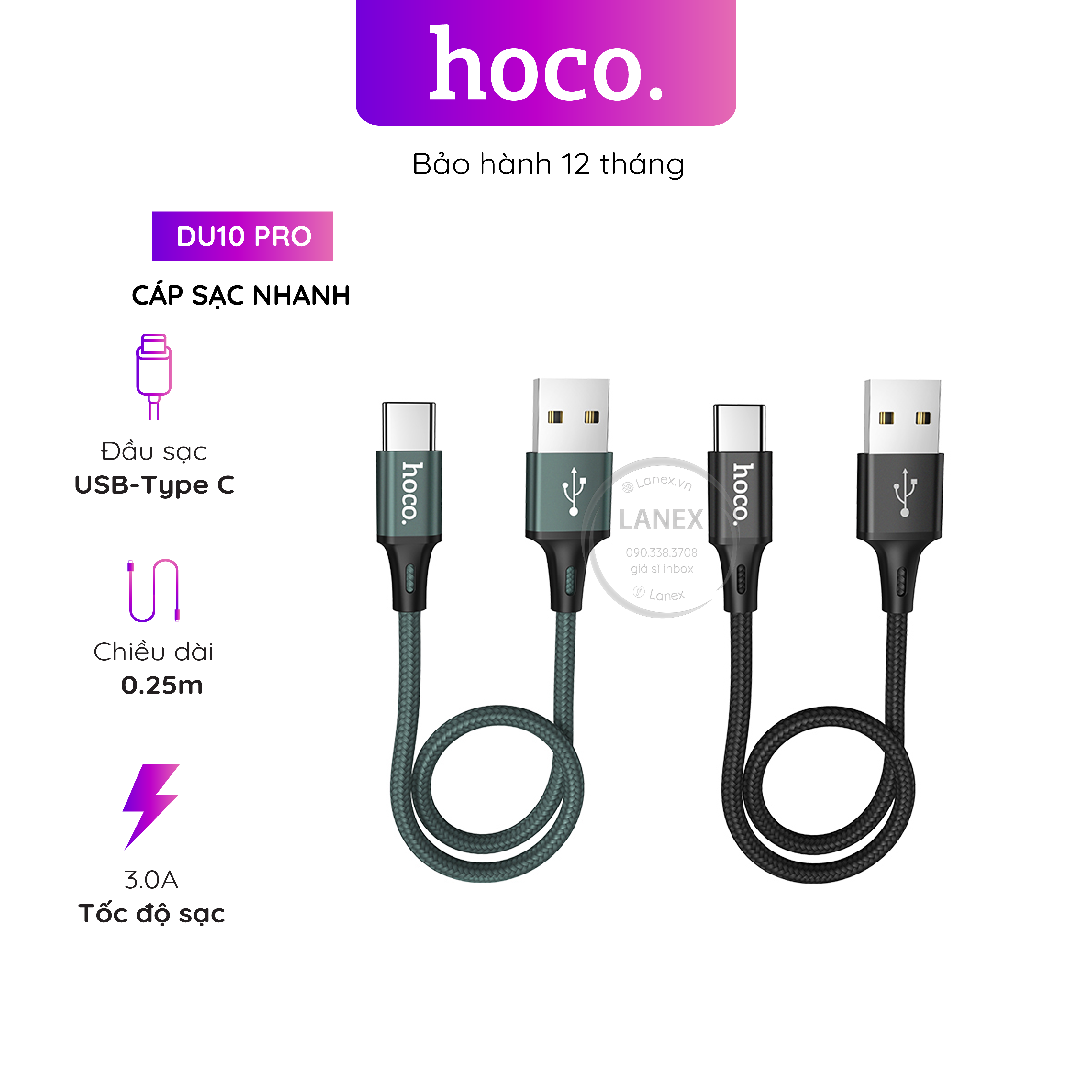 Cáp Sạc Nhanh Hoco Du10 Pro Dây Dù Type C 3.0a Dài 0.25m