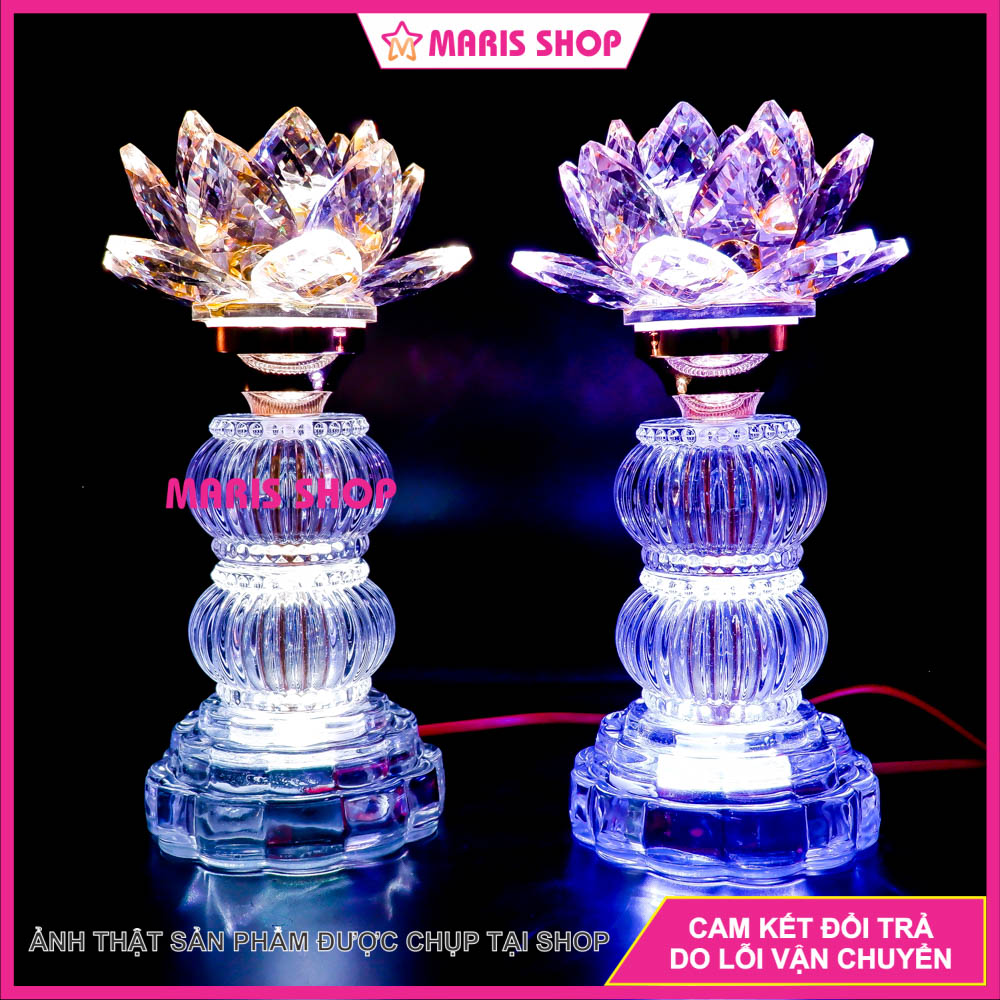Một cặp đèn thờ hoa sen pha lê cao 23cm led tự động đổi màu để bàn thờ phật, bàn thờ gia tiên, mrht63
