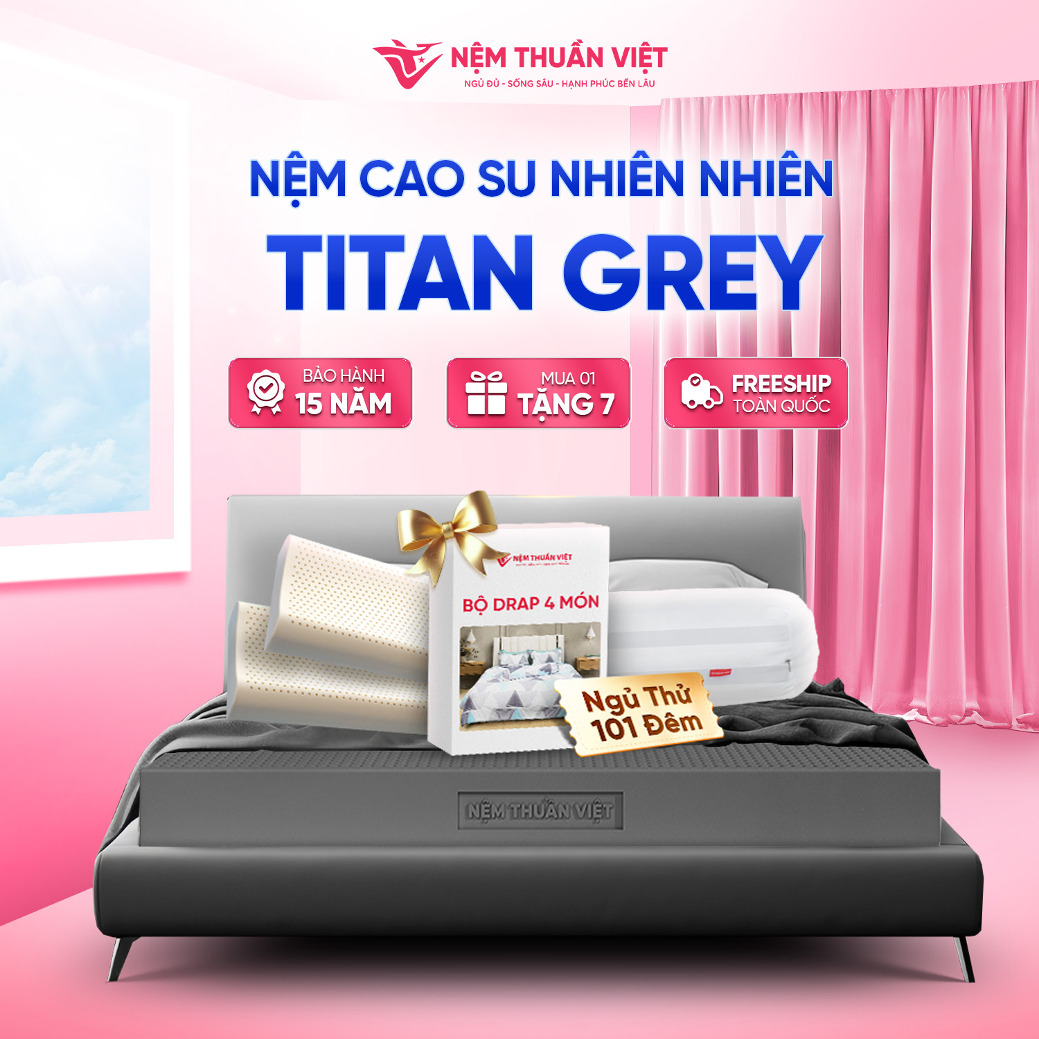 [Bộ quà 7 Món] Nệm cao su Thuần Việt Titan Grey - Êm ái - Bảo hành 15 năm, Trả Góp 0%
