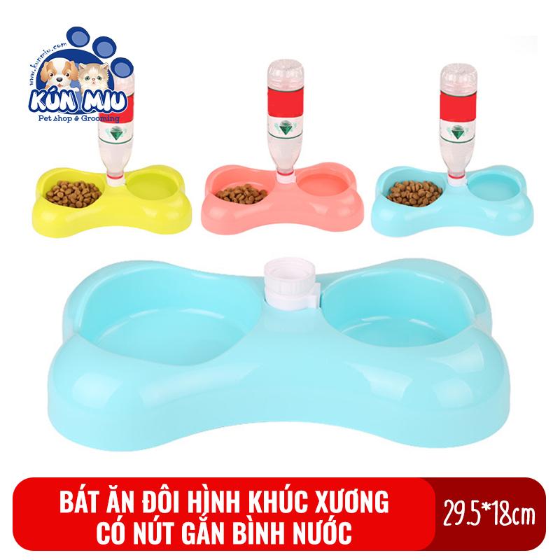 [Hoàn Tiền 10%] Bát ăn đôi hình khúc xương có nút gắn bình nước bằng nhựa cho chó mèo Kún Miu nhiều màu